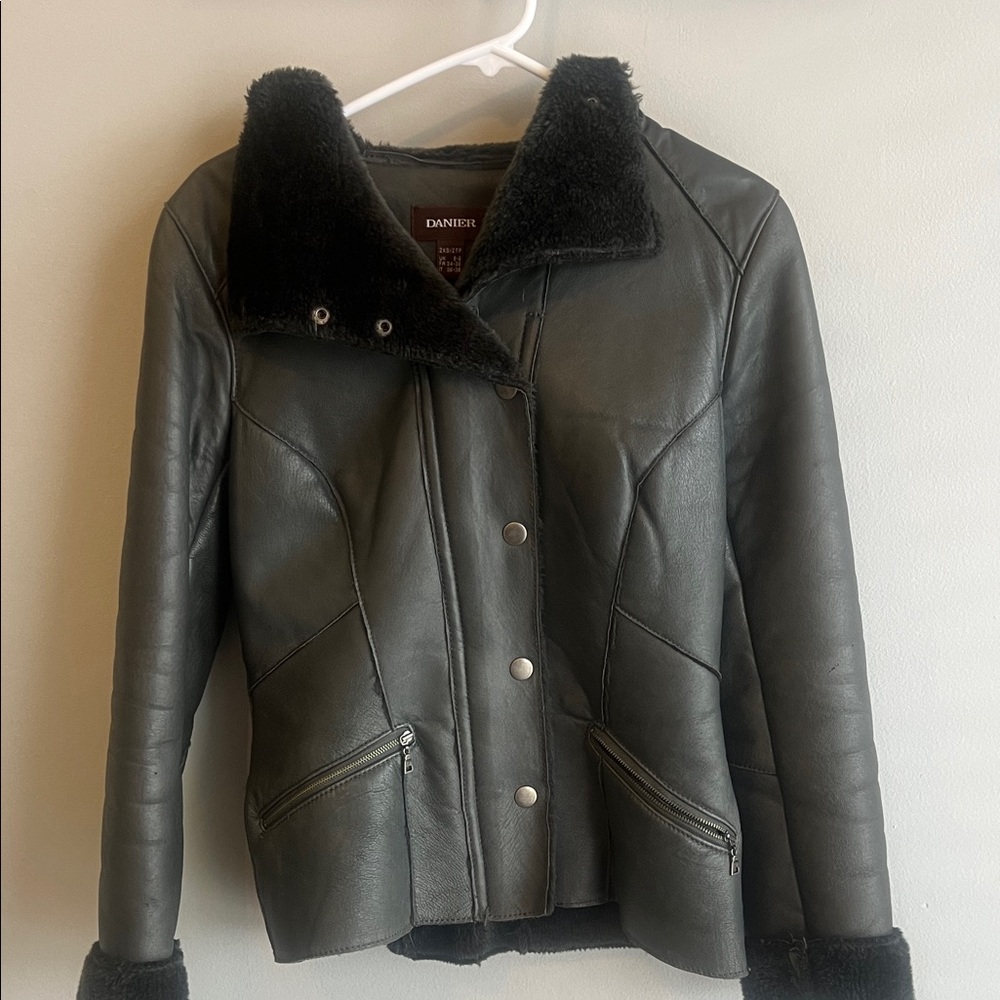 Danier Dark grey Leather Jacket with Shearling Collar great condition